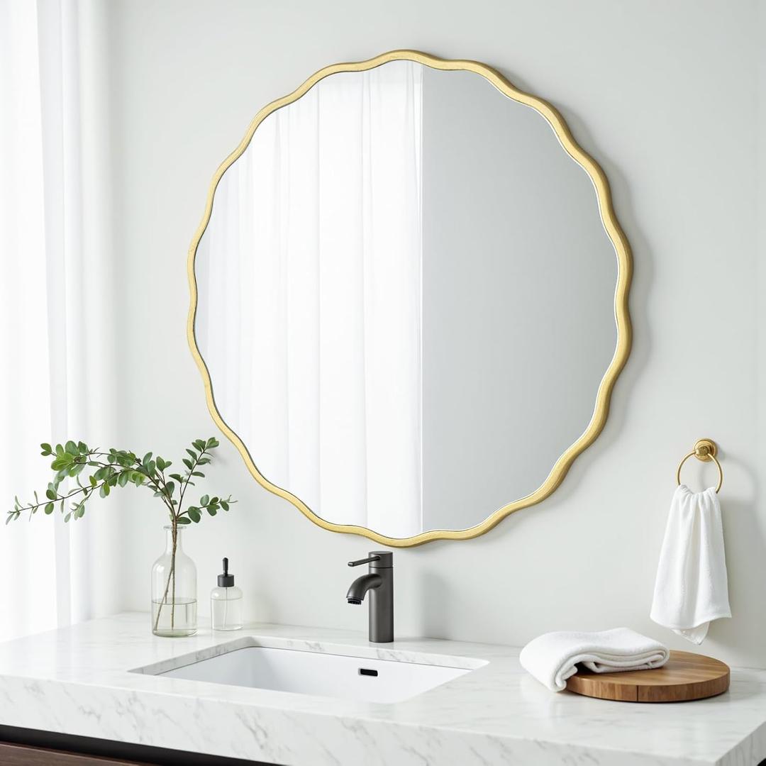 H HOMEWINS Gold Round Mirror for Wall 18 Inch Gold Circle Wavy Bathroom Farmhouse Vanity Wood Large Irregular Mirror for Bedroom,Entryway,Living Room
