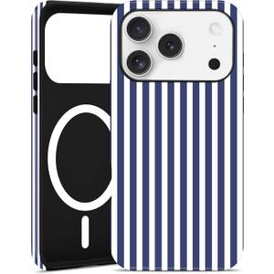 Jusy Compatible with MagSafe Striped Case for iPhone 17 Pro Max, Cute Aesthetic Striped Magnetic Phone Case, Soft TPU and Hard PC Protective Phone Cover for Women Girls（Matte） - Navy Blue