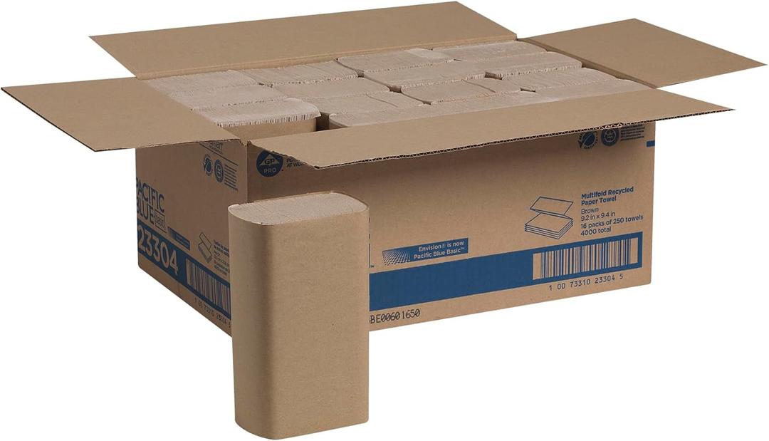 Pacific Blue Basic Recycled Multifold Paper Towels (Previously branded Envision) by GP PRO (Georgia-Pacific), Brown, 23304, 250 Towels Per Pack, 16 Packs Per Case