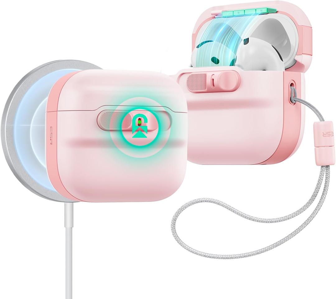 ESR for AirPods 4 Case, Compatible with AirPods 4 Generation Case (2024)(USB-C), MagSafe Compatible, Magnetic Lid Lock, Drop-Proof Protection Cover with Lanyard, Pulse Series,Pink