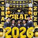 30pcs Class of 2026 Graduations Decorations Black and Gold Congrats Grad Banner Class of 2026 Balloons Graduation Table Centerpieces Grad 2026 Porch Banner Hanging Swirls Graduation Party Supplies