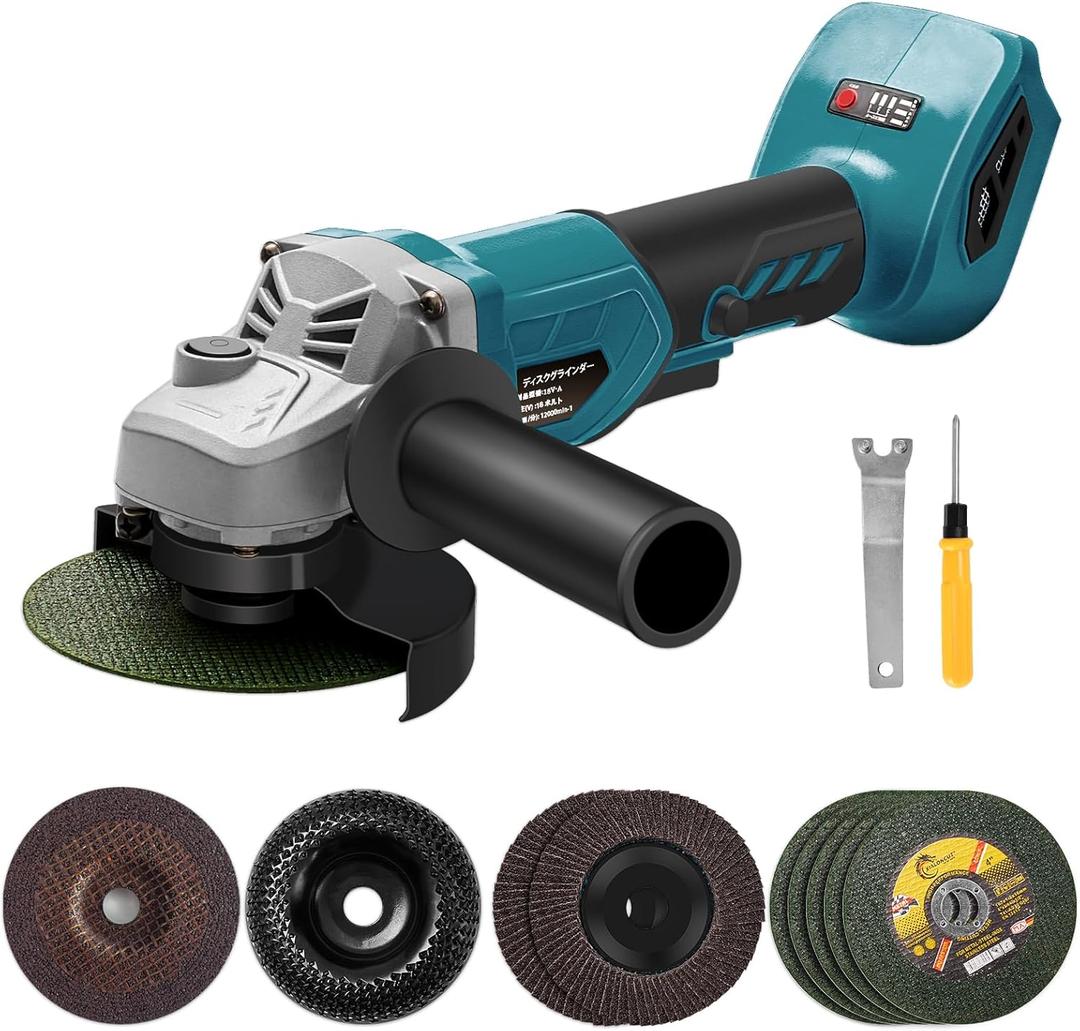Angle Grinder, 4inch Cordless Angle Grinder, 18V/21V Grinder with 9 Grinding Wheels, 12000RMP Power Grinder Compatible with Makita Battery, Cutting/Deburring Grinder Tool (Battery sold Separately)