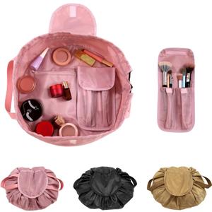 Drawstring Cinch Makeup Bag for Women - Drawstring Cosmetic Bag for Travel Toiletry Organizer with Brush Area (Pink)