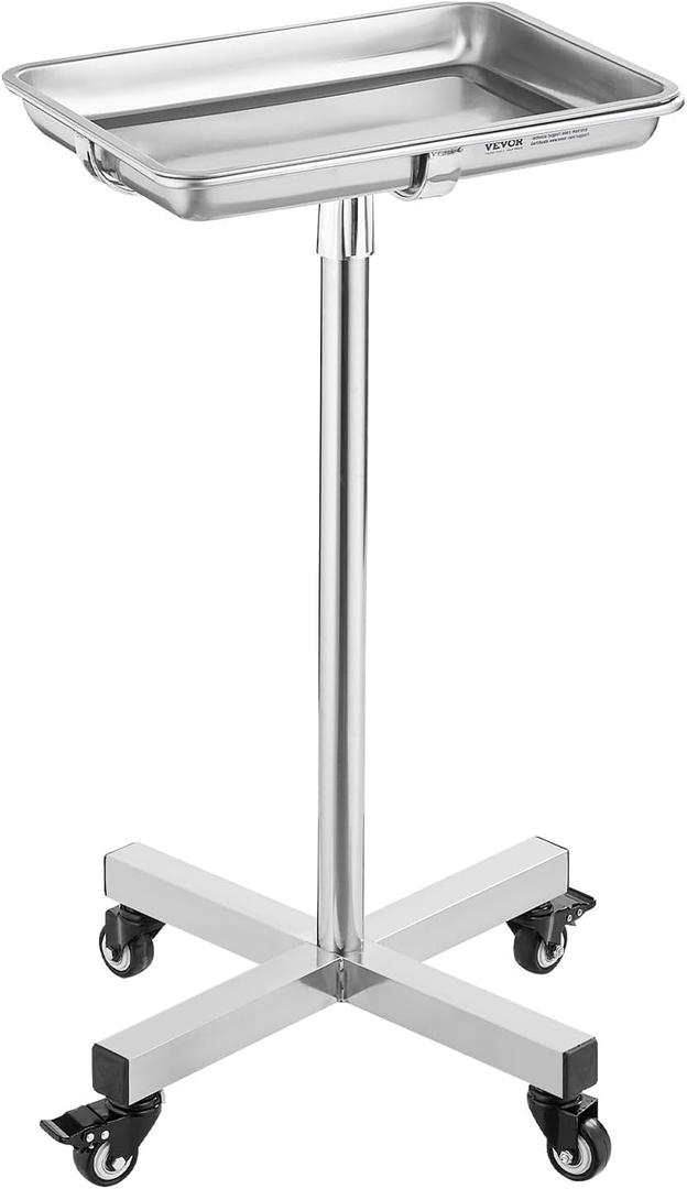 VEVOR Mayo Stand, Stainless Steel Mayo Tray, Load Capacity up to 36 lbs, Adjustable Height 31.9"-55", Medical Tray on Wheels with Removable Tray for Spa, Salon, Clinic, Personal Care