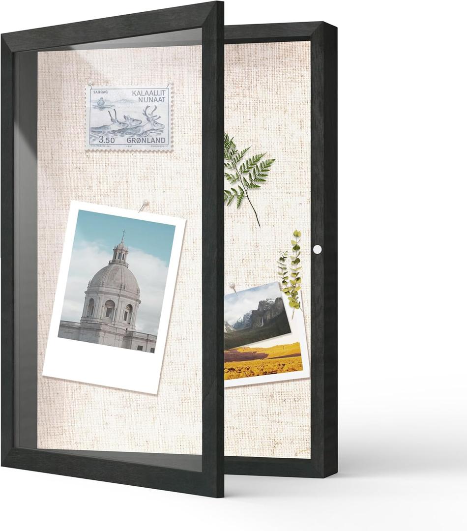 FrameWorks 12x16 Deep Shadow Box Frame, Wooden Display Case w. Linen Board & Tempered Glass Door - Black Woodgrain - Medium - Wall Mounted