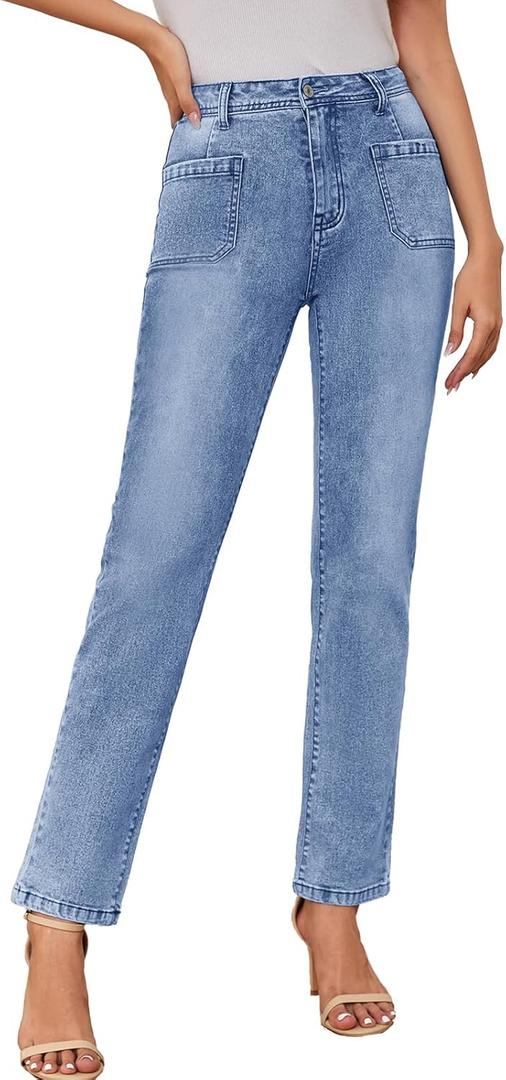 Metietila Women's High Waisted Jeans with Patch Pockets Straight Leg Jeans Stretchy Denim Pants for Women (Blue, XL)