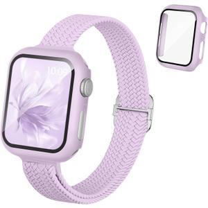 Slim Braided Stretchy Band and Case Compatible for Apple Watch Bands Women 40mm 41mm 42mm 44mm 45mm 46mm, Thin Nylon Solo Loop Protective Cover and Screen Protector for iWatch Series 11/10/9/8/7/6/5/4