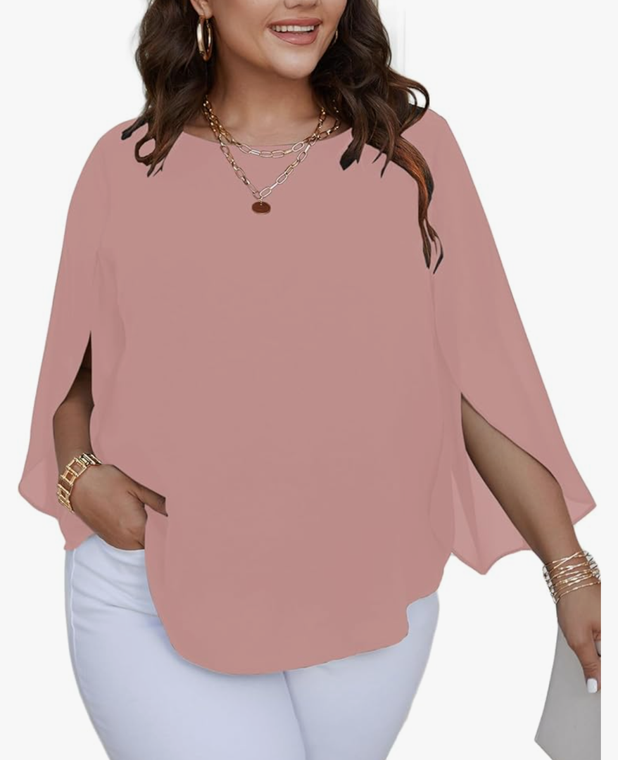 SCOMCHIC Plus Size Blouses for Women Summer Chiffon 3/4 Sleeve Tunic Tops Dressy Scoop Neck Casual Loose Flowy Shirts XL