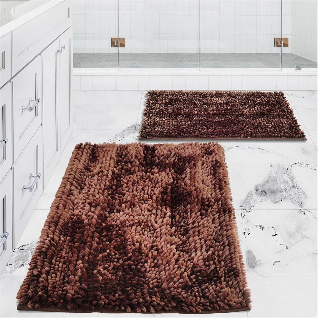 Civkor Brown Bathroom Mats, Non Slip Washable, 31x20 and 24x16 Inch Set 2 Piece, Easy Care Chenille Bath Rugs