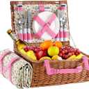 Wicker Picnic Basket for 4 with Waterproof Picnic Blanket and Insulated Cooler, Willow Hamper for Camping, Outdoors, Photoshoot, or a Birthday, Valentines Day, Wedding Gift, Pink