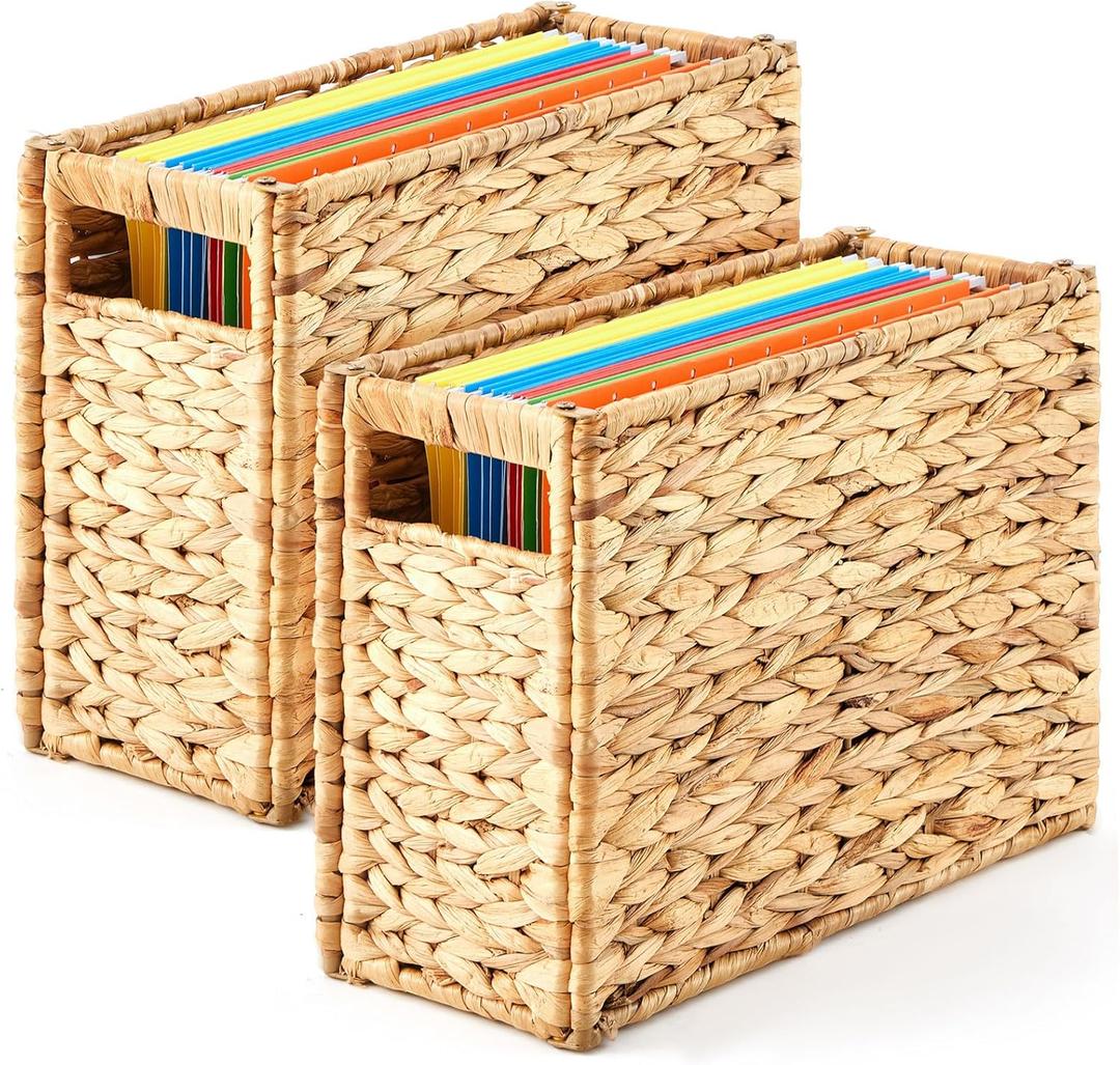 2 Pack Water Hyacinth Hanging File Box 14.5 x 6 x 10.8 Inch Decorative File Basket Woven Document Organizer with Handle Collapsible Letter Size Filing for Office Home Storage Decor