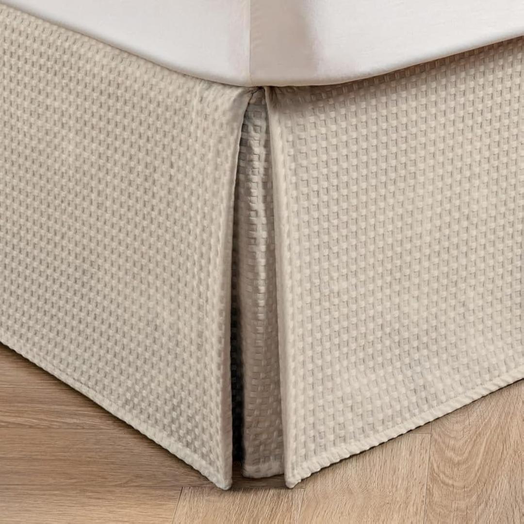 MIYE Pleated Waffle Weave Bed Skirt, Tailored Dust Ruffle 16 Inch Drop Easy Fit, Machine Washable, No Split Corners (Beige, Queen - 16" Drop)