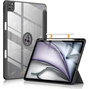 Soke for New iPad Air 13 Inch Case (M3 2025/M2 2024) with Pencil Holder, [Auto Wake/Sleep + Camera Protection] Shockproof Cover with Clear Transparent Back for Apple iPad Pro 12.9", Black