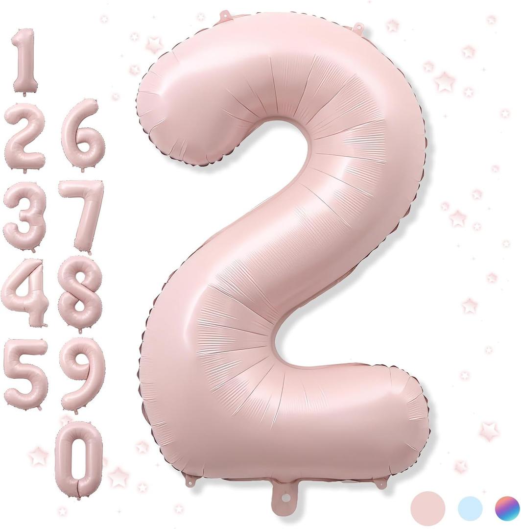 40 Inch 2 Balloon Number, Large Dusty Baby Pink Foil Number 2 Balloons Birthday Party Decor, Light Blush Matte Pink Mylar Helium Self Inflating Two Balloon for Girl 2nd Birthday Baby Shower Decoration