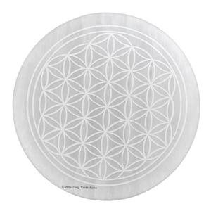 Amazing Gemstone Selenite Crystal Charging Plate for Crystals and Healing Stones, 4" Selenite Crystal Plate Engraved Flower of Life Coaster for Home, Office Table Decor (Selenite Round Disc)