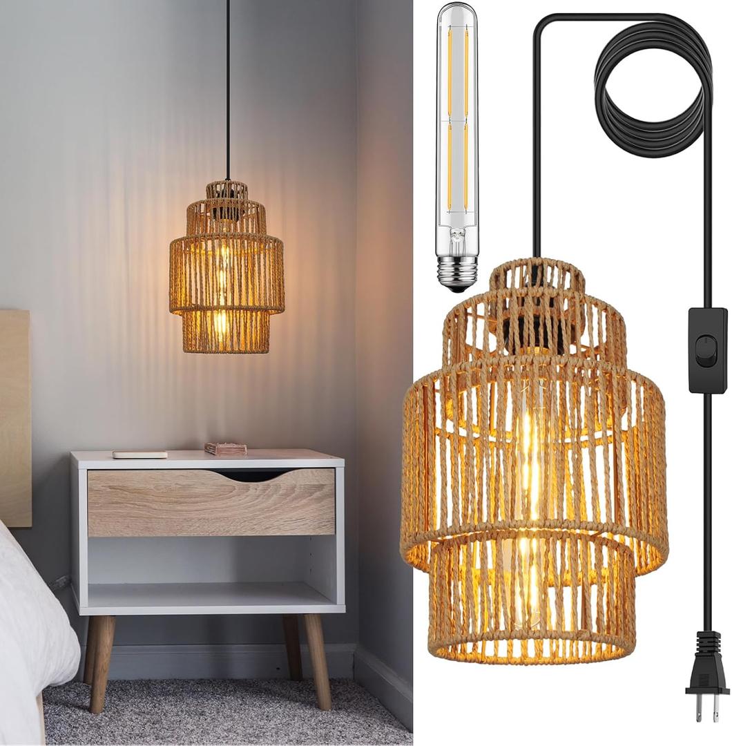 Tebio Plug in Pendant Light with LED Bulb, Boho Hanging Light Fixture with Rattan-Style Shade, 13FT Adjustable Cord and On/Off Switch for Bedroom, Living Room, Kitchen, Easy Installation (Cylinder Layer)