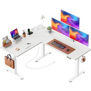 Huuger L Shaped Standing Desk with Power Outlets, 63 x 55 Inch Height Adjustable Computer Desk for Bedroom, Corner Stand up Desk for Home and Office, Work and Study, White