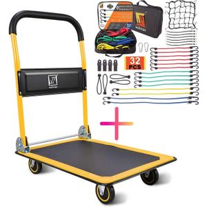 Push Cart Dolly by Wellmax, Moving Platform Hand Truck, Foldable for Easy Storage and 360 Degree Swivel Wheels with 330lb Weight Capacity, Yellow Color with Bungee Cord Set