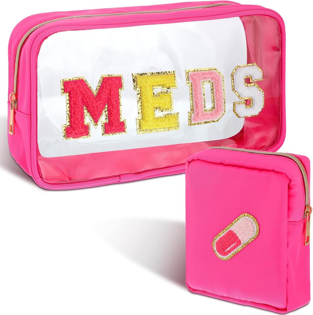Hillban 2 Pcs Medicine Bag Chenille Letter Patch Meds Bags Travel Cases Preppy Clear Nylon Portable Makeup Bags Zipper Cosmetic Toiletry Storage for Women PVC Transparent Mini First Aid Bag(Lovely)