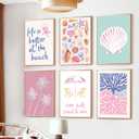 Pink Beach Preppy Wall Art Coastal Granddaughter Aesthetic Room Canvas Posters Colorful Coastal Seashell Pictures Prints Abstract Beach Painting Wall Decor for Girls Room Girls Dorm Home Unframed
