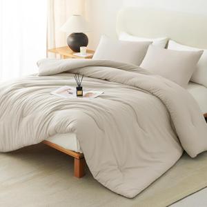 CozyLux Oatmeal Comforter Set Queen Size, 3 Pieces Solid Breathable Quilted Style Bedding Sets, Luxury Fluffy Soft Microfiber Comforter for All Season (1 Comforter & 2 Pillowcases)