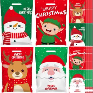 Eaasty 100 Pcs Large Christmas Goody Gift Bag with Handles 11.8 x 15.7 Plastic Merry Christmas Merchandise Favor Bags Xmas Reusable Snacks Treat Wrapping for Holiday Party Decoration Supply (Cute)