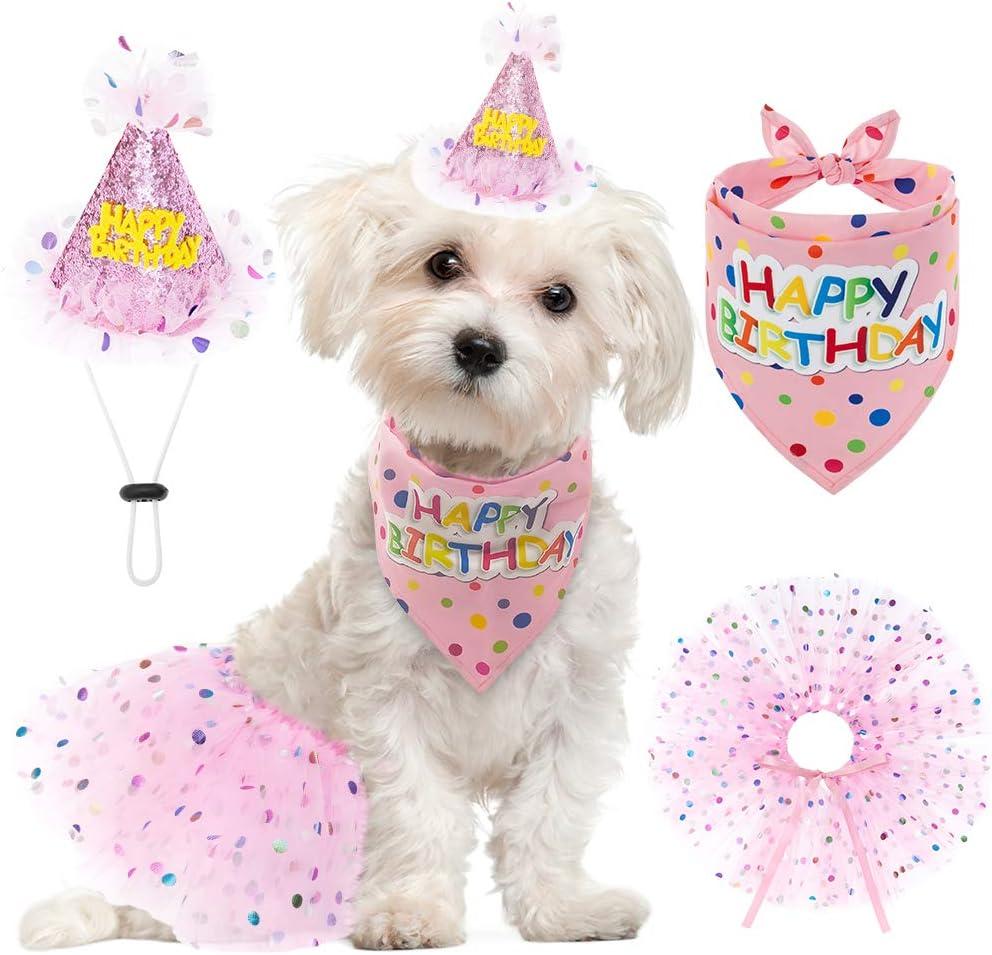 SCENEREAL Dog Birthday Bandana with Hat and Dress Girl Set, Puppy Birthday Party Supplies, Cute Pink Tutu Skirt Outfit for Small Medium Large Dogs
