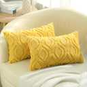 decorUhome Throw Pillow Covers 12x20 Inch Set of 2, Soft Plush Decorative Faux Fur Mustard Yellow Solid Couch Pillow Covers, Accent Farmhouse Neutral Lumbar Euro Pillow Cases for Sofa Bed Living Room