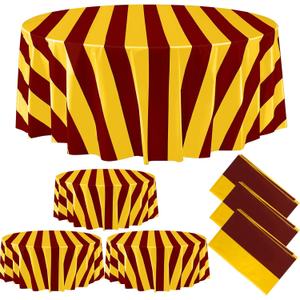 Tatuo 6 Pcs Red and Yellow Round Circus Table Cloth 84 Inch Carnival Circus Tablecloths Striped Disposable Plastic Table Cover for Birthday Party Fiesta Theme Decorations Supplies