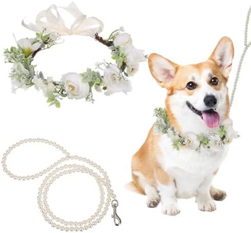 Dog Wedding Flower Collar with Pearls Beaded Leash,Elegant Dog Flower Headband,Dog Wedding Attire Wreath Bow,Pet Photo Prop (Medium)