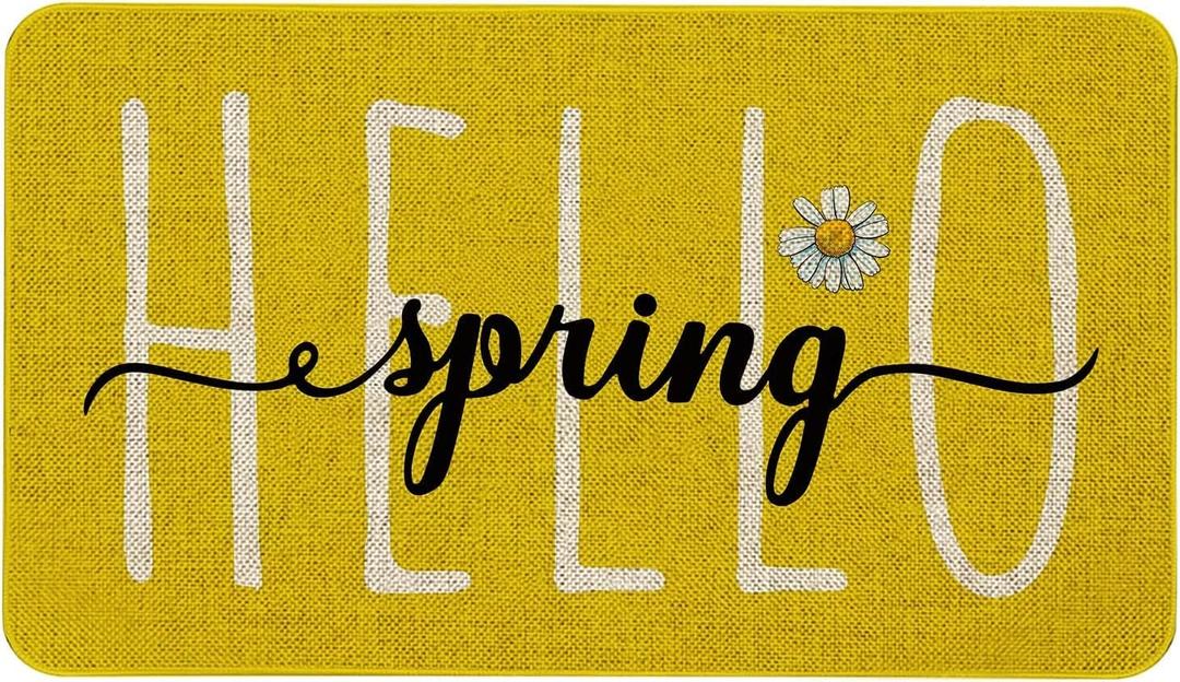 Hello Spring Decor Door Mat - Yellow Farmhouse Welcome Summer Mats Outdoor Colorful Flowers Doormat Non Slip Rubber Floral Decorative Front Door Mats Indoor Rug 17" x 30"