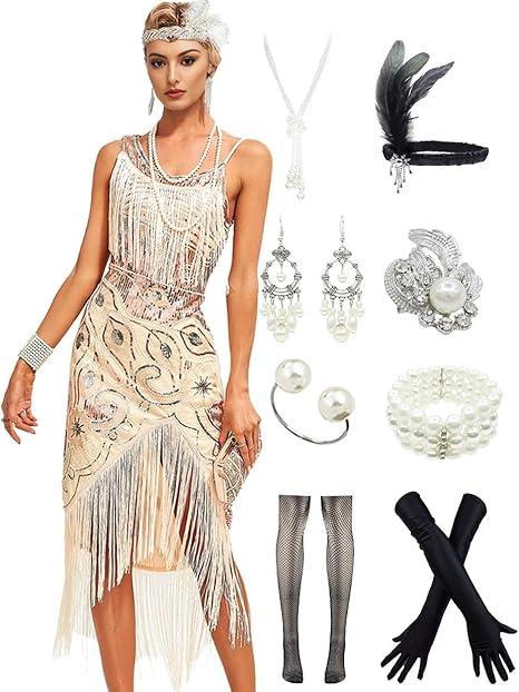 Peacock-inspired 1920s Gatsby Beaded Flapper Sling Dress Womens Vintage Cocktail Dress W/Complete Accessories Set size L Beige