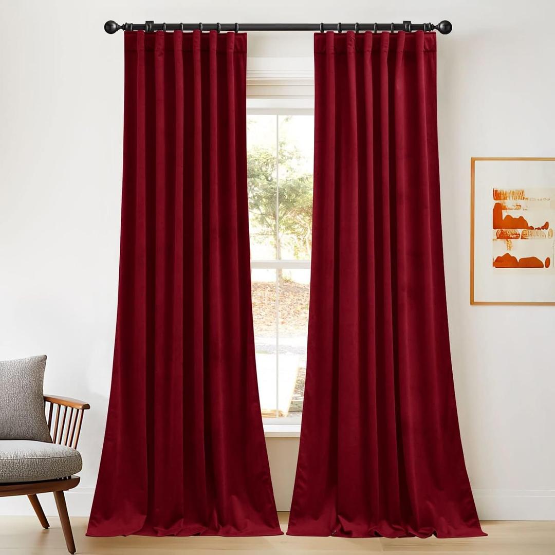 NICETOWN Extra Long Red Blackout Velvet Curtains 120 inches Long 2 Panels with Back Tab, Super Soft Light & Heat Blocking Sliding Glass Door Romantic Drapes for Christmas Window/Dance Room (52" Wide)