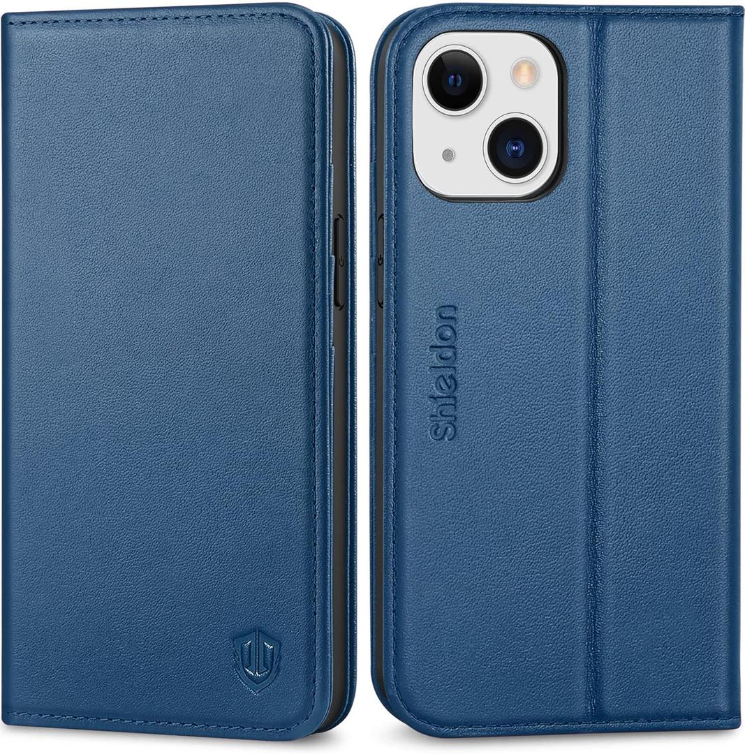 SHIELDON Case for iPhone 13 Mini, Genuine Leather Wallet Magnetic RFID Blocking Card Slots Kickstand Folding Shockproof Case Compatible with iPhone 13 Mini 5G (5.4") - Royal Blue