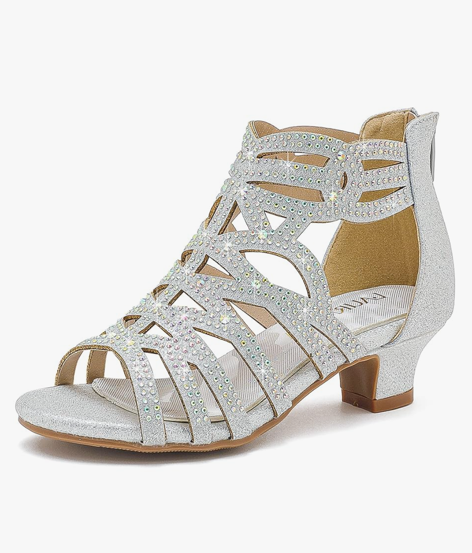 Little Girls Sandals High Heels Formal Shoes Open Toe Pump Sandals Glitter Party Wedding Shoes for Big Kids Toddler, Size 6