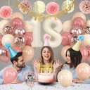 18th Birthday Decorations for Girl Retro Blush Pink Birthday Balloons Happy 18th Banner Cake Topper Pom Poms Dusty Rose Gold Number 18 Balloon for Her 18 Year Old Bday Party Decoration Supplies