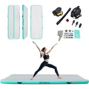 Air Gymnastics Mat Inflatable & Tumbling Mat  4/8 Inches Thick with Electric Pump + Free Foot Pump  Ideal for Home, Gym, Water, and Beach Use (10ft*3.3ft*4in(3*1*0.1m), Light Green)