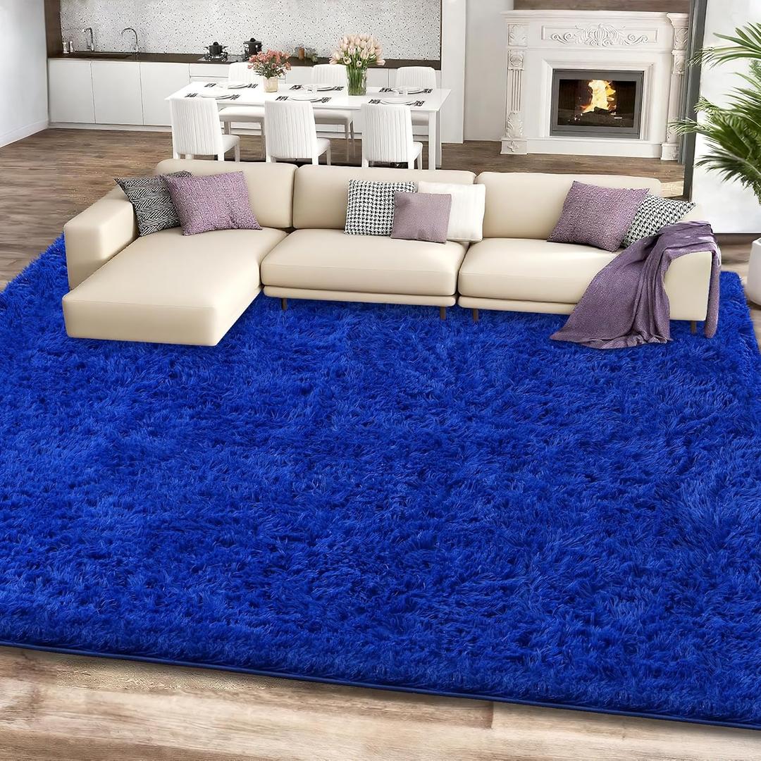 8x10 Blue Shag Area Rugs for Living Room, Large Fluffy Shaggy Rug for Bedroom Boys Kids Nursery Rooms, Ultra Soft Comfy, Big Fuzzy Plush Carpet for Girls Indoor Home Decor, Upgrade Non-Slip