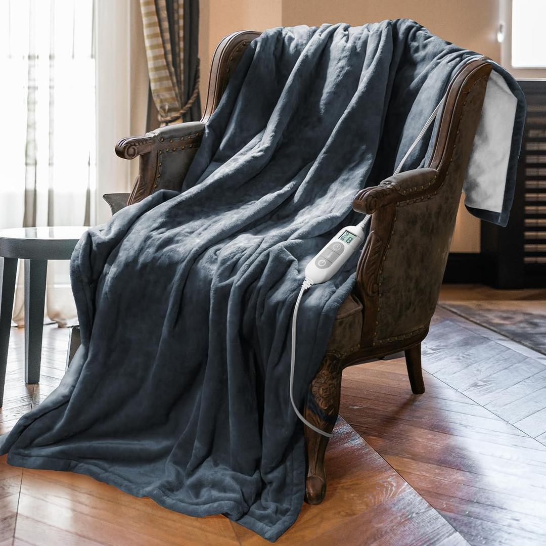 Heated Throw Blanket with 1-9 hrs Timer Auto-Off & 8 Heating Levels,Flannel Electric Blanket Throw ETL Certification,Machine Washable Full Body Warming Blankets (Blue + White)