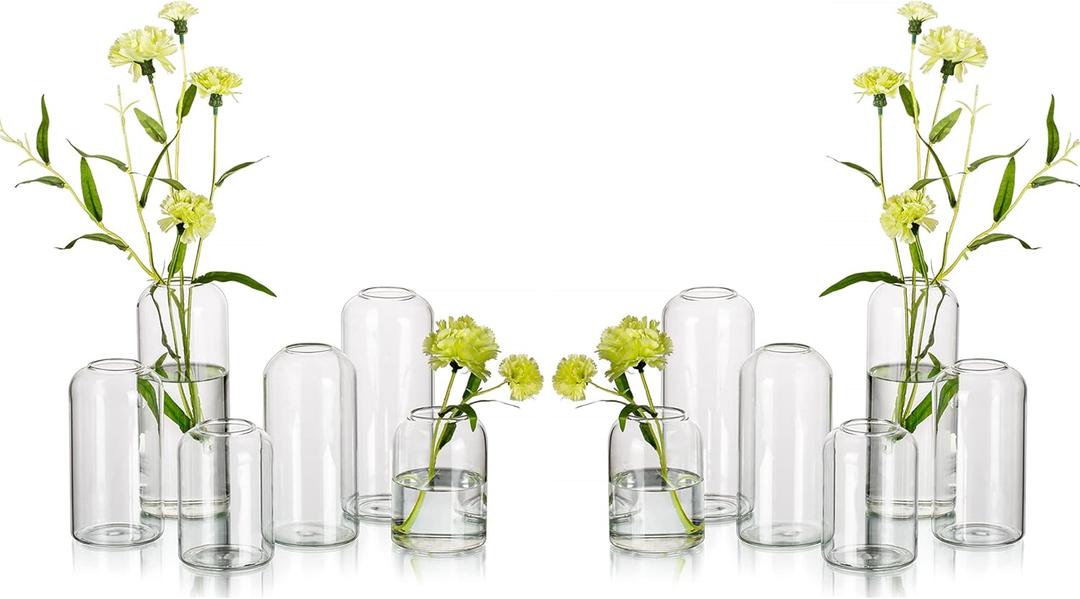 Glass Bud Vases for Flowers - Hewory Blown Modern Small Glass Vases for Centerpieces Set of 12, Mini Clear Bulk Flower Vases for Wedding Party Events Home Decor Floral Arrangement (Not Include Flower)
