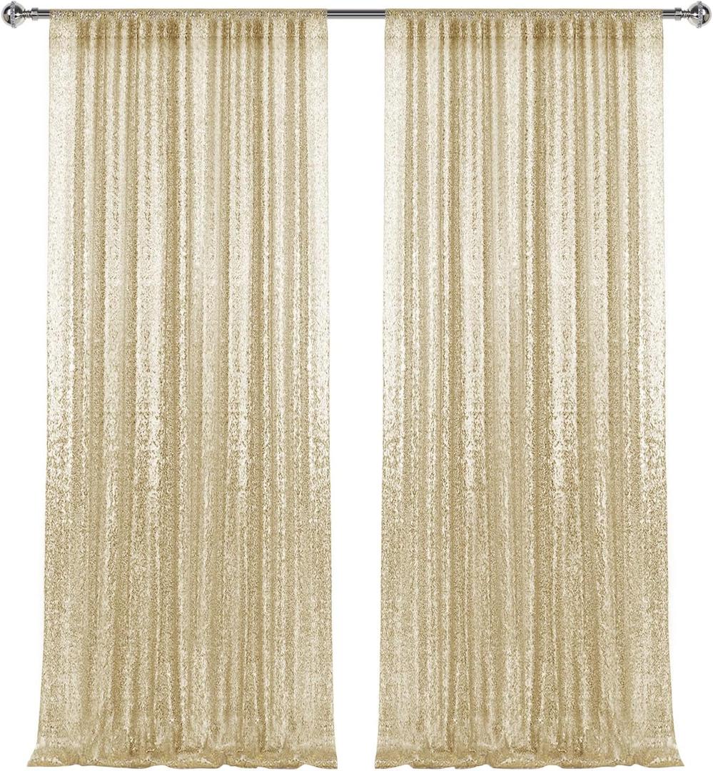 28FT-2PCS Champagne Gold Sequin Backdrop Curtains Panels, Photography Backdrop Glitter Curtains Fabric Background for Christmas Wedding Party Decor (2X8FT-2PCS)