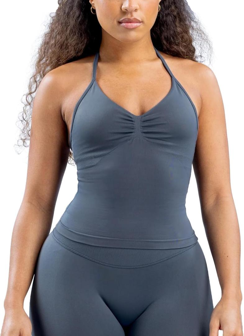 Women's Workout Longline Strappy Halter Top with Built-in Bra Backless Gym Tank Top (Medium, Grey)