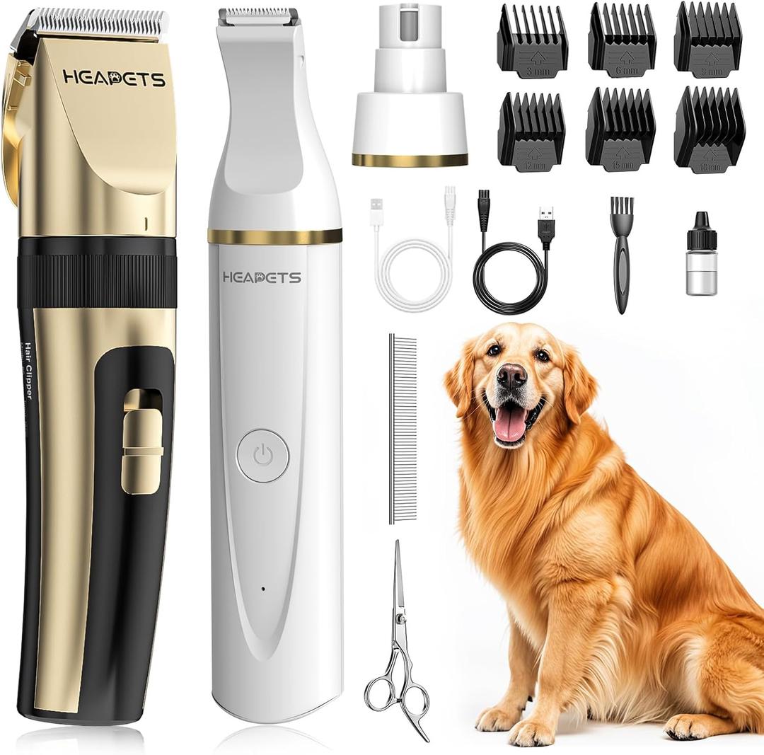 HEAPETS Dog Hair Clippers for Grooming Kit and Dog Paw Trimmer Nail Grinder for Grooming, Low Noise Rechargeable Cordless, Shaver Grooming Supplies for Pet Cats Dogs (Gold, White)