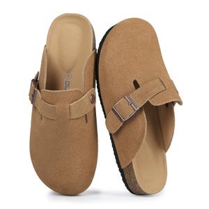 Dumalum Clogs for Women Mens Suede Leather Slip on Shoes Cork Footbed Mules Sandals with Arch Support Unisex Slippers Brown