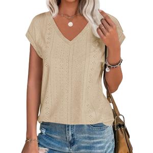 Imily Bela Womens V Neck T-Shirt Summer Cap Sleeve Dressy Casual Tops Eyelet Embroidered Fashion Tees (S)
