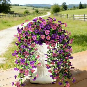 Senjie Artificial Hanging Flowers for Outdoor Spring Decor, 2 pcs UV Resistant Fake Silk Faux Flowers Plants for Outside Porch Patio Balcony Planters