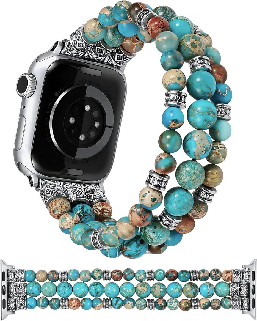 Moolia Stretch Natural Stone Strap Compatible with Apple Watch Bands 40/42/41/38mm Women, Jasper Handmade Bracelet Boho Beaded Band for iWatch Series 11 10 9 8 7 6 5 4 3 SE/Ultra 3 2 1