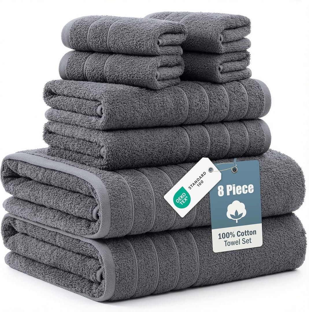 Casa Platino Premium Cotton Bath Towel Set 8 Pcs - Super Soft, Durable & Highly Absorbent - 2 Bath, 4 Washcloths, 2 Hand Towels for Bathroom - Oeko TEX Certified, Ringspun Tech & Hotel Quality - Grey