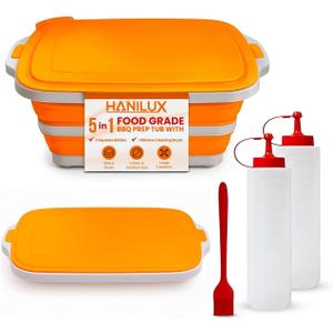 Collapsible BBQ Prep Tub With Lid, Meal Prep, Marinating Container, BBQ Tub-Multi Function (8) L Tub With Cutting Board & Lid , Include 2 Squeeze Bottles &1 Silicone Cleaning Brush for Picnic-Camping-