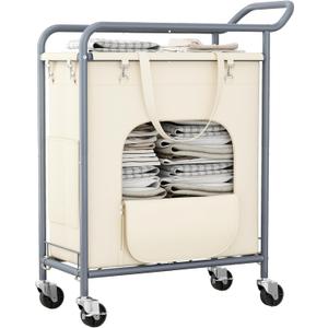 Laundry Basket with Wheels,150L Large Rolling Laundry Hamper, Heavy-Duty Laundry Cart Sturdy Metal Frame with Handle, Minimizes Bending Easy Access Clothing for Bedroom, Bathroom, Laundry Room (Beige)